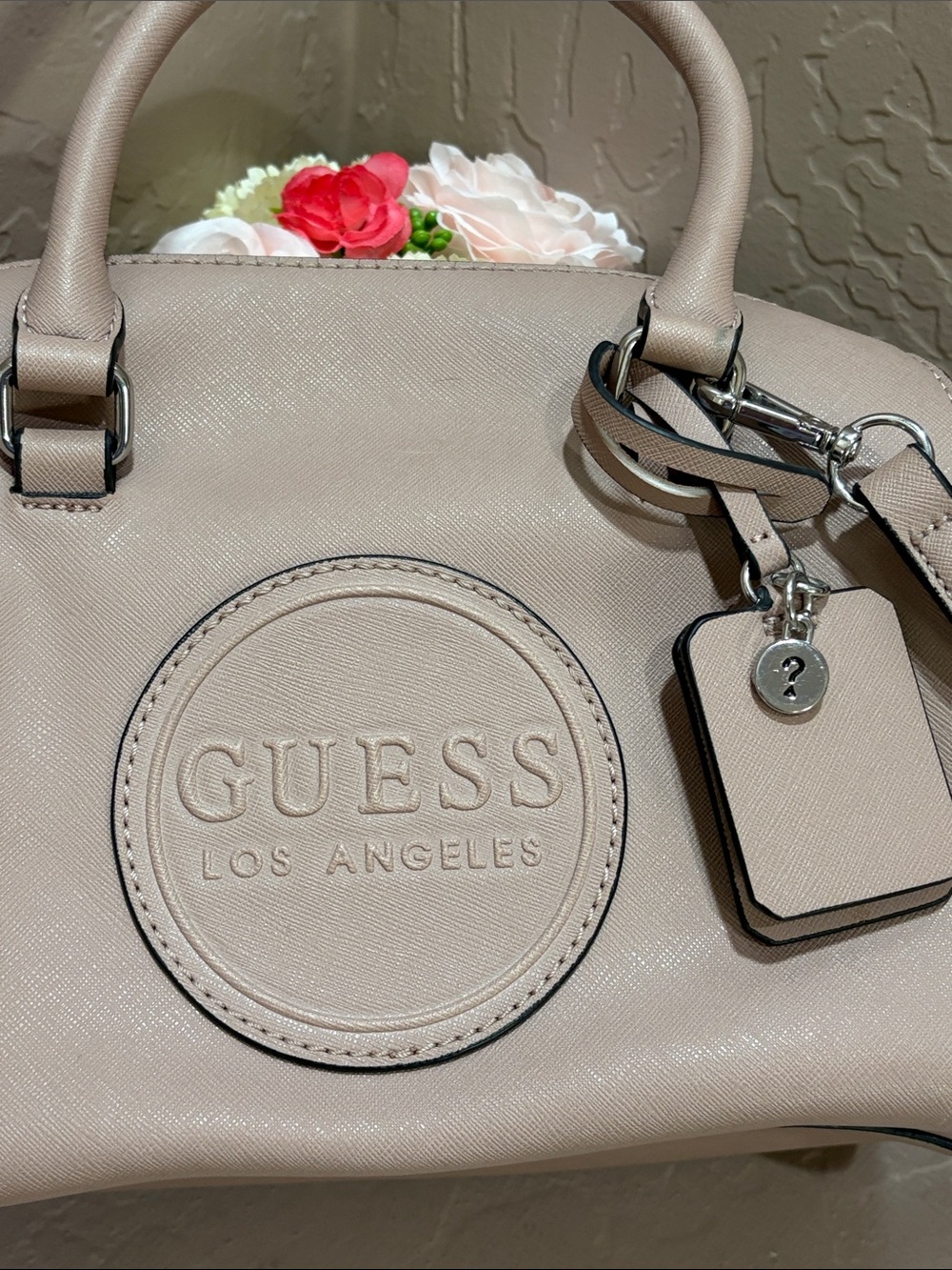 GUESS Crossbody Satchel with Embossed Logo ~ Mauve/Taupe - Picture 3 of 10